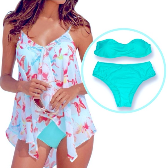 unbranded Other - Three Piece Bandeau Bikini + Semi Sheer Butterfly Camisole Coverup Set, Medium